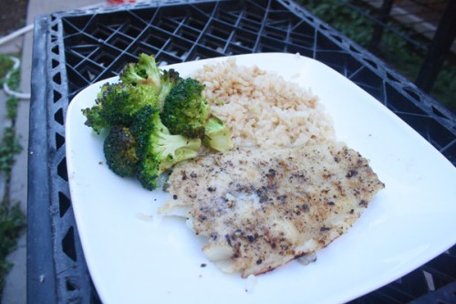 Half a grilled Swai fillet, brown rice and stir-fried broccoli. All on top of two milk crates, for that is my outside furniture.