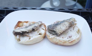 Two of the three sardines in a can sit on English muffin halves, straight from the can.