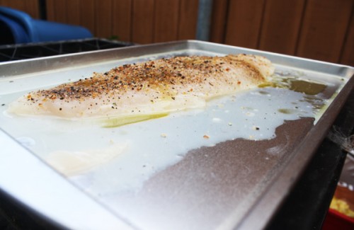 Swai fillet, the length of a smaller cookie sheet, sitting in lemon juice and olive oil with a covering of lemon pepper, pepper and a wee bit of salt.