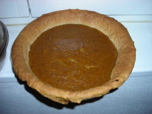 Pumpkin pie after being baked.